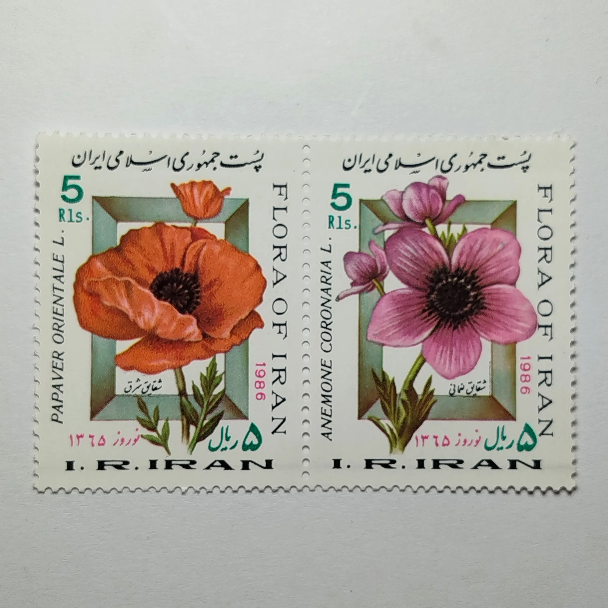 تمبر ایران ۵ ریال جمهوری اسلامی ایران جفت یادبودی پوشش گیاهی وگلهای بومی شقایق نعمانی و شقایق شرق